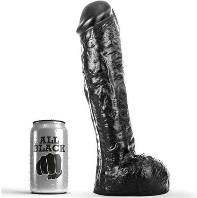 ALL BLACK 29 cm dildo with thick veined shaft next to beverage can.