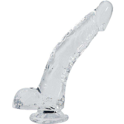 Transparent realistic dildo with 22 cm length and detailed design featuring veins and textured head.