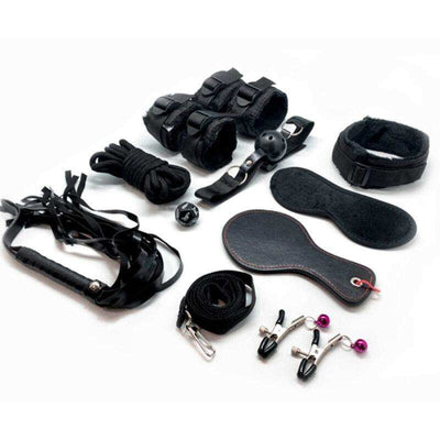 BDSM Fury Kit 10 Pieces Black with handcuffs, collar, whip, mask, and nipple clamps for bondage and sensory play.