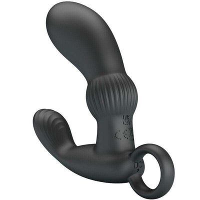 Black silicone Pretty Love Cayla anal vibrator massager with circular handle and curved shaft for prostate pleasure.