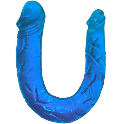 Blue double dong double dildo in translucent TPR material with veiny texture.